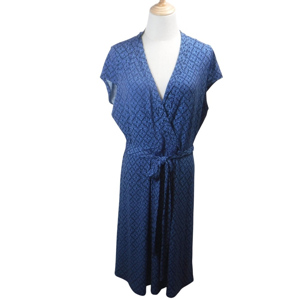 Liz Claiborne Collection Blue Geometric Faux Wrap‎ Midi Dress Sleeveless XL NWT